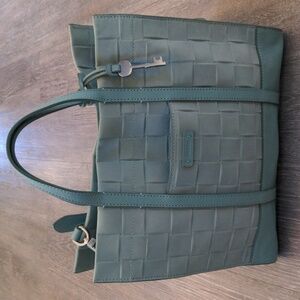 Fossil Carmen Leather Tote Light Blue Key Charm EUC Woven Pattern Cross Body